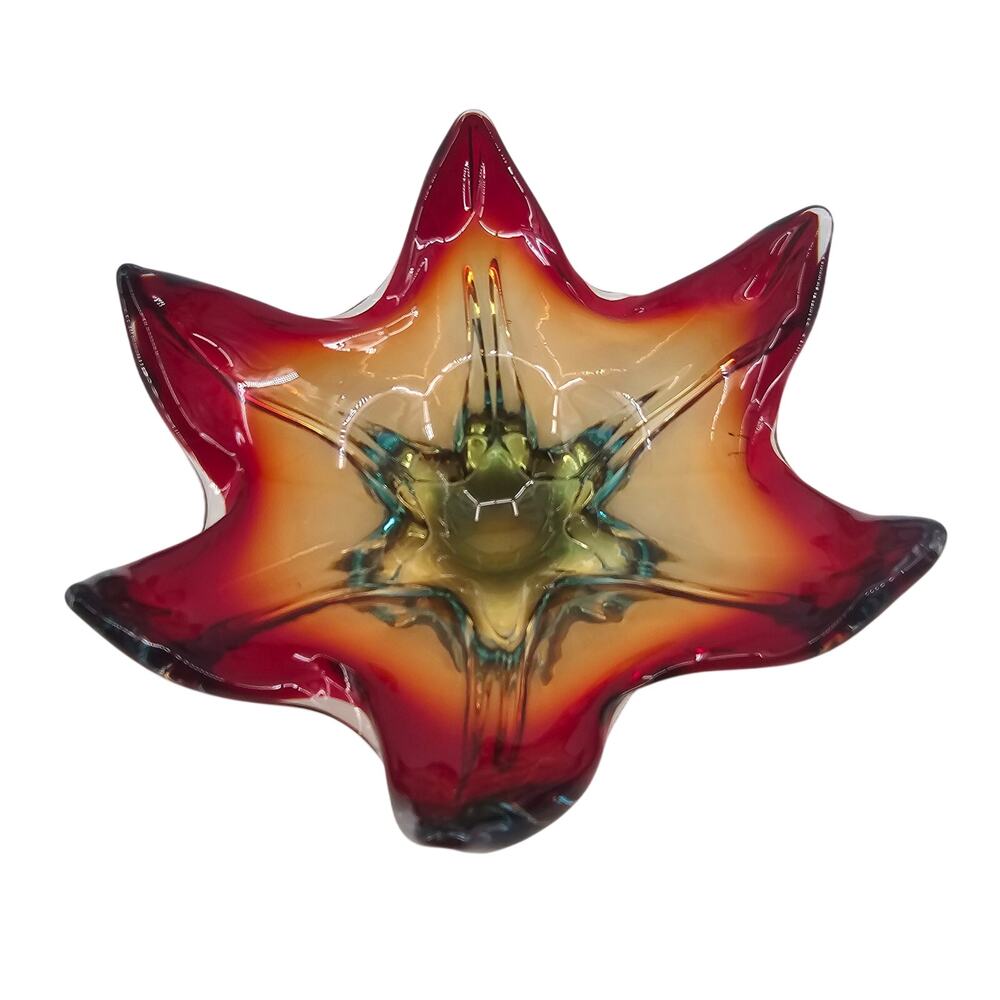 Vintage 60's Mid-century Modernist Starburst Glass Murano Italy Red Ashtray Bowl